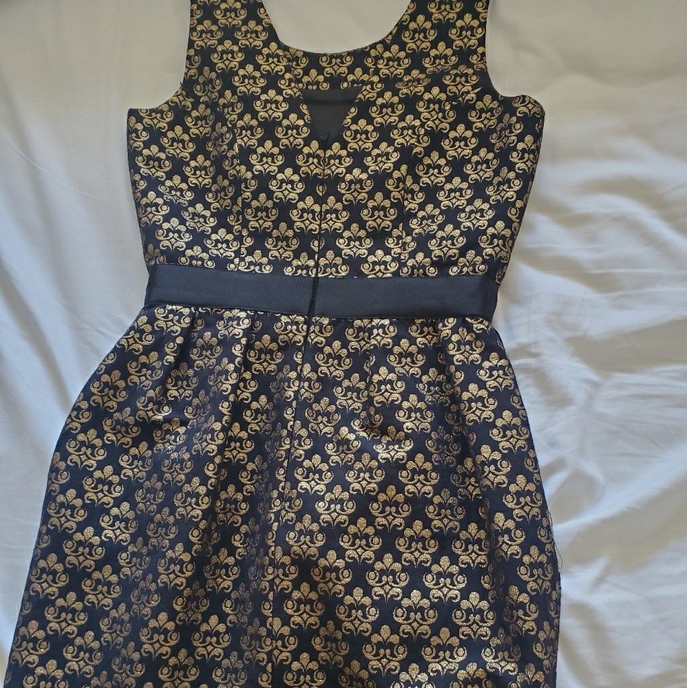 Black and gold jacquard cocktail dress